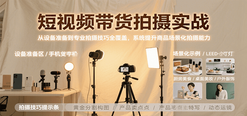 短视频带货拍摄实战,从设备准备到专业拍摄技巧全覆盖,系统提升商品场景化拍摄能力好创网-专注优质VIP网课 网络创业落地实操课程资源分享 – 每天更新_高质量项目输出好创网