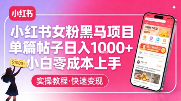 小红书女粉黑马项目，单篇帖子日入1k+，小白零成本上手好创网-专注优质VIP网课 网络创业落地实操课程资源分享 – 每天更新_高质量项目输出好创网
