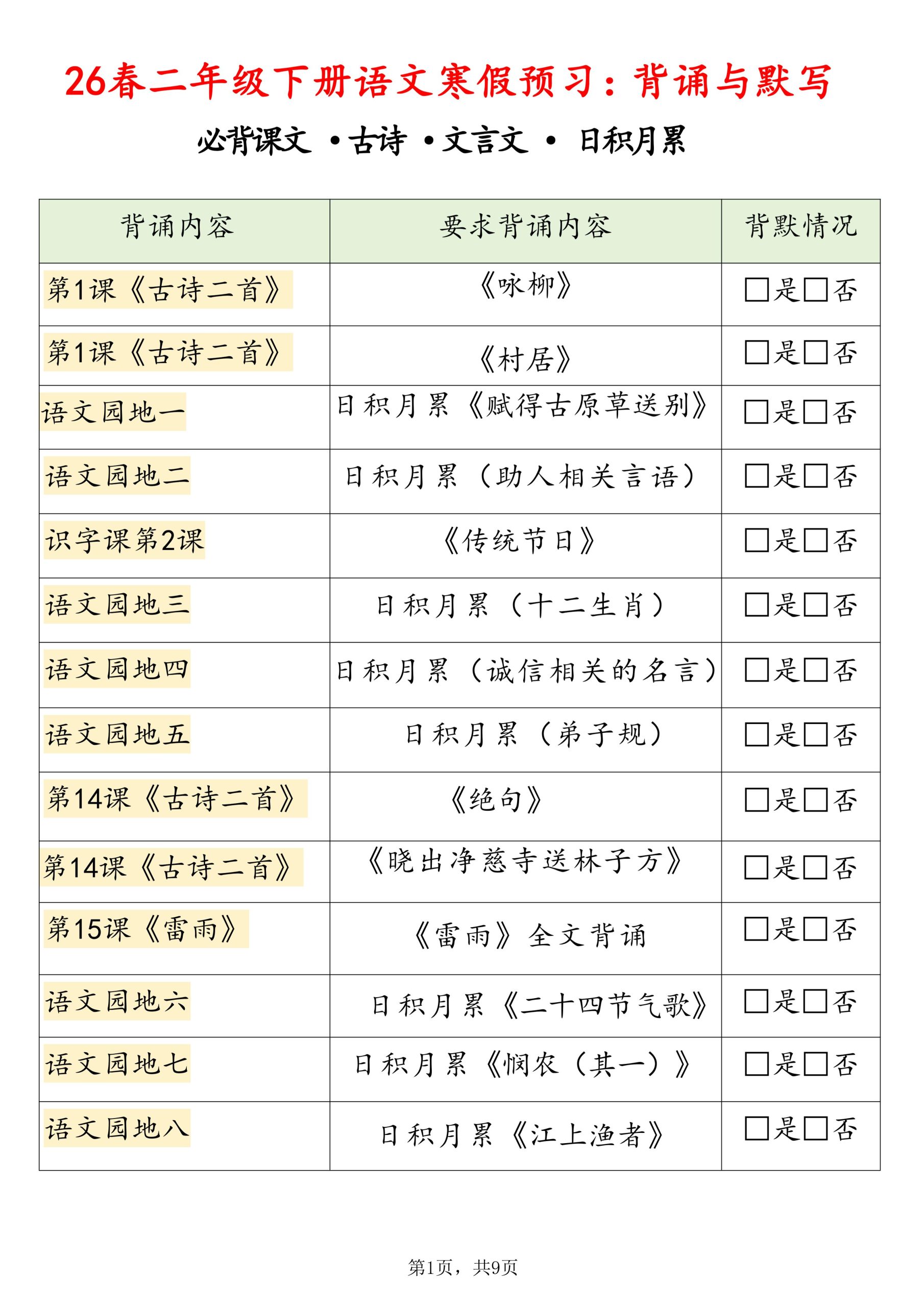 26春二下语文寒假预习背诵与默写（必背课文、古诗、文言文、日积月累）9页好创网-专注优质VIP网课 网络创业落地实操课程资源分享 – 每天更新_高质量项目输出好创网