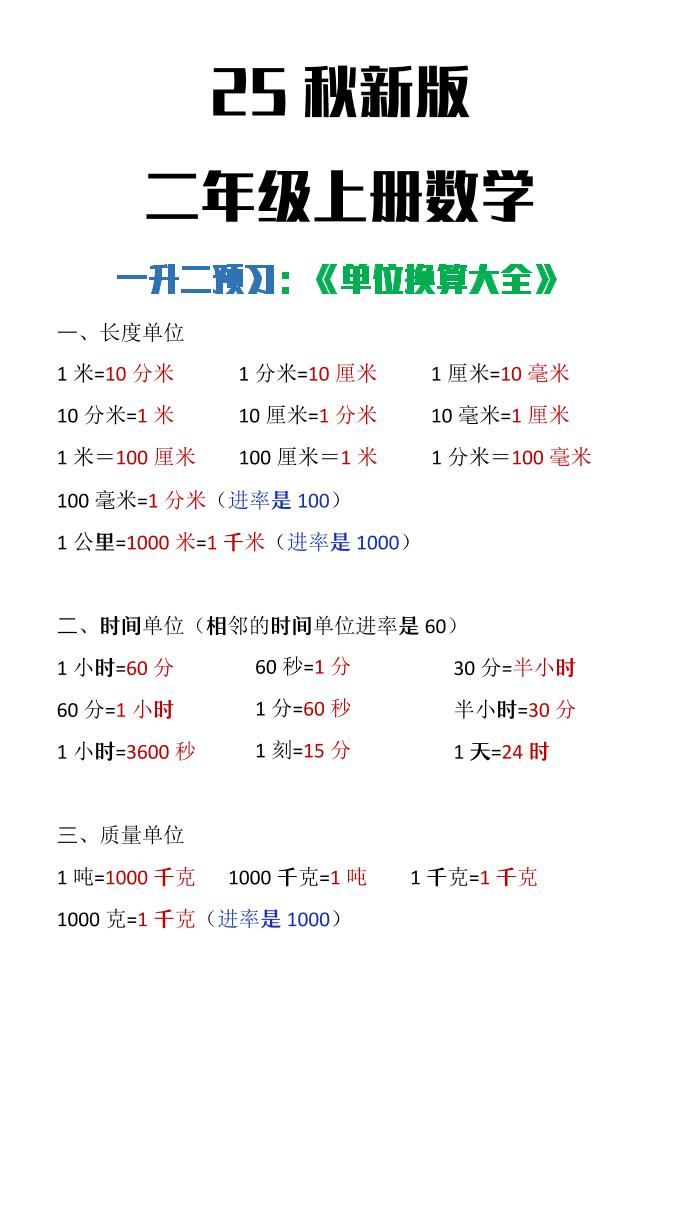 【2025秋新版】二年级上册数学单位换算大全好创网-专注优质VIP网课 网络创业落地实操课程资源分享 – 每天更新_高质量项目输出好创网