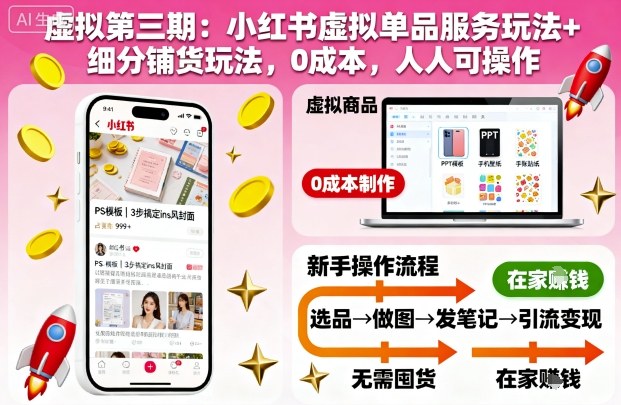 虚拟第三期:小红书虚拟单品服务玩法+细分铺货玩法,0成本,人人可操作好创网-专注优质VIP网课 网络创业落地实操课程资源分享 – 每天更新_高质量项目输出好创网