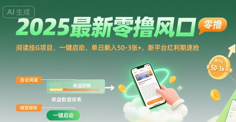 2025最新零撸风口,阅读挂G项目,一键启动,单日躺入 50-3张+,新平台红利期速抢【揭秘】好创网-专注优质VIP网课 网络创业落地实操课程资源分享 – 每天更新_高质量项目输出好创网