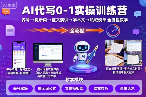 AI代写0-1实操训练营，从养号、提示词、征文演讲、学术文，到私域谈单的全流程教学好创网-专注优质VIP网课 网络创业落地实操课程资源分享 – 每天更新_高质量项目输出好创网