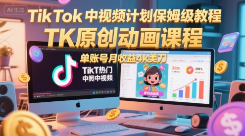 TikTok中视频计划保姆级教程，TK原创动画课程，单账号月收益4k美刀好创网-专注优质VIP网课 网络创业落地实操课程资源分享 – 每天更新_高质量项目输出好创网