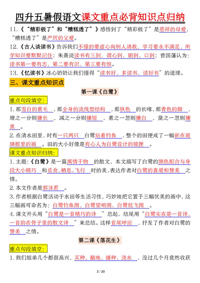 四升五年级暑假语文课文重点必背知识点归纳输出（20页）-五上语文好创网-专注优质VIP网课 网络创业落地实操课程资源分享 – 每天更新_高质量项目输出好创网
