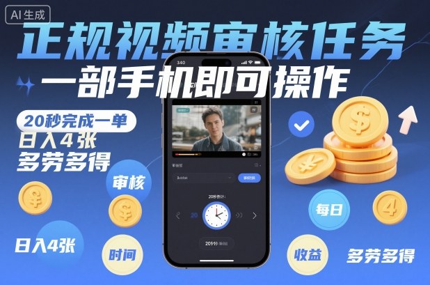 正规视频审核任务,一部手机即可操作,20秒完成一单,日入4张,多劳多得【揭秘】好创网-专注优质VIP网课 网络创业落地实操课程资源分享 – 每天更新_高质量项目输出好创网