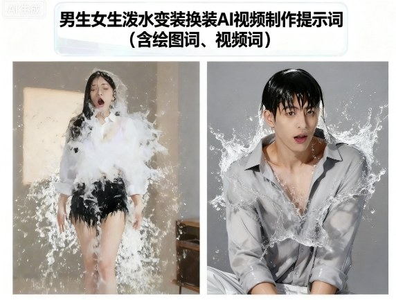 男生女生泼水变装换装AI视频制作提示词(含绘图词、视频词)好创网-专注优质VIP网课 网络创业落地实操课程资源分享 – 每天更新_高质量项目输出好创网