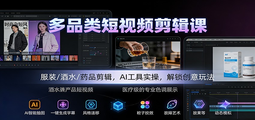 多品类短视频剪辑课:服装/酒水/药品剪辑,AI工具实操,解锁创意玩法好创网-专注优质VIP网课 网络创业落地实操课程资源分享 – 每天更新_高质量项目输出好创网