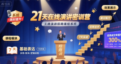 21天在线演讲密训营,王牌演讲招商课程系统好创网-专注优质VIP网课 网络创业落地实操课程资源分享 – 每天更新_高质量项目输出好创网