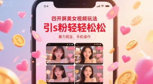 四开屏美女视频玩法，引s粉轻轻松松，暴力掘金，手机操作【揭秘】好创网-专注优质VIP网课 网络创业落地实操课程资源分享 – 每天更新_高质量项目输出好创网