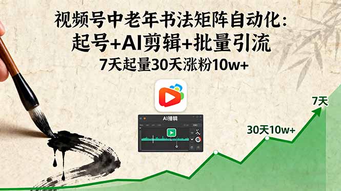 视频号中老年书法矩阵自动化:起号+AI剪辑+批量引流 7天起量30天涨粉10w+好创网-专注优质VIP网课 网络创业落地实操课程资源分享 – 每天更新_高质量项目输出好创网