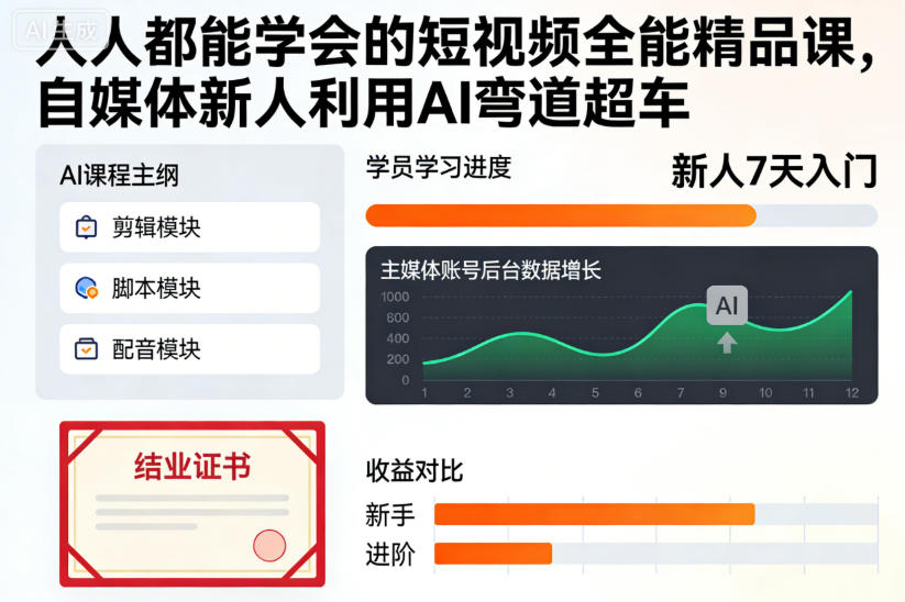 人人都能学会的短视频全能精品课,自媒体新人利用AI弯道超车好创网-专注优质VIP网课 网络创业落地实操课程资源分享 – 每天更新_高质量项目输出好创网