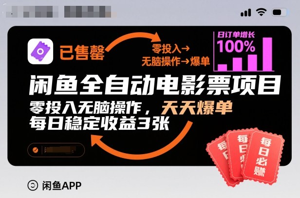 闲鱼全自动电影票项目，零投入无脑操作，天天爆单，每日稳定收益3张【揭秘】好创网-专注优质VIP网课 网络创业落地实操课程资源分享 – 每天更新_高质量项目输出好创网
