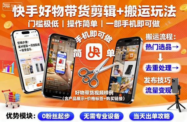 快手好物带货剪辑+搬运玩法,门槛极低,操作简单,一部手机即可玩做好创网-专注优质VIP网课 网络创业落地实操课程资源分享 – 每天更新_高质量项目输出好创网