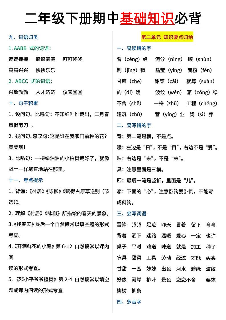 二年级语文下册期中基础知识必背5页好创网-专注优质VIP网课 网络创业落地实操课程资源分享 – 每天更新_高质量项目输出好创网