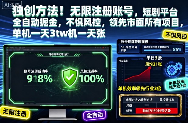 独创方法!无限注册账号,短剧平台全自动掘金,不惧风控,领先市面所有项目,单机一天3张【揭秘】好创网-专注优质VIP网课 网络创业落地实操课程资源分享 – 每天更新_高质量项目输出好创网