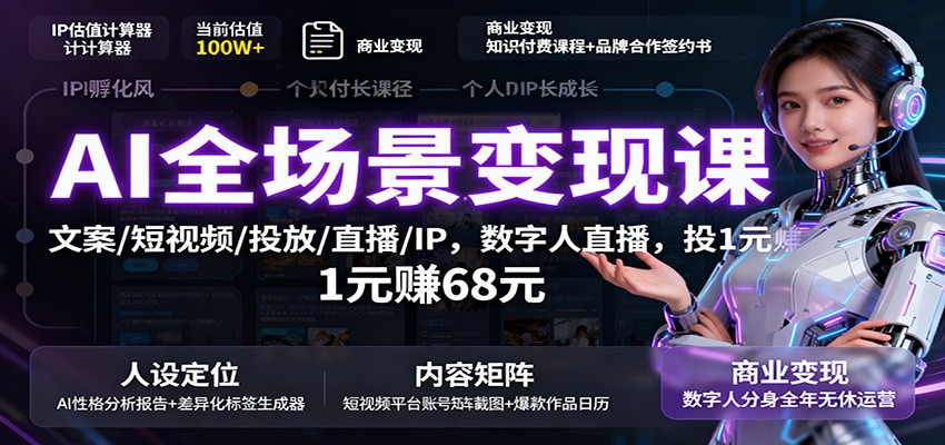 AI全场景变现课:文案/短视频/投放/直播/IP,数字人直播,投1元赚68元好创网-专注优质VIP网课 网络创业落地实操课程资源分享 – 每天更新_高质量项目输出好创网