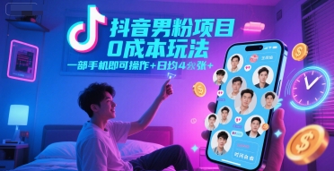 抖音男粉项目0成本玩法，一部手机即可操作，日均4张+，时间自由好创网-专注优质VIP网课 网络创业落地实操课程资源分享 – 每天更新_高质量项目输出好创网