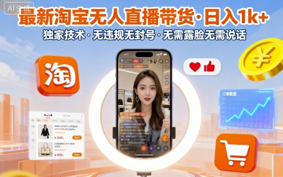 最新淘宝无人直播带货，日入1k+，独家技术，无违规无封号，无需露脸无需说话【揭秘】好创网-专注优质VIP网课 网络创业落地实操课程资源分享 – 每天更新_高质量项目输出好创网