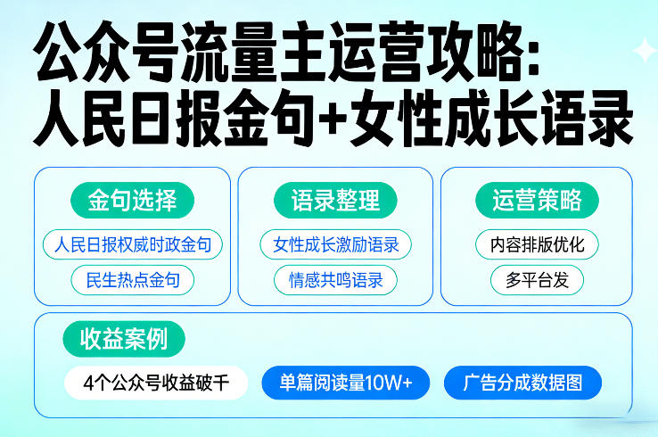 利用人民日报金句+女性成长语录做公众号流量主，4个公众号收益破千好创网-专注优质VIP网课 网络创业落地实操课程资源分享 – 每天更新_高质量项目输出好创网