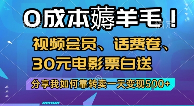 0成本薅羊毛!视频会员、话费卷、30元电影票白送,分享我如何靠转卖一天变现5张+【揭秘】好创网-专注优质VIP网课 网络创业落地实操课程资源分享 – 每天更新_高质量项目输出好创网