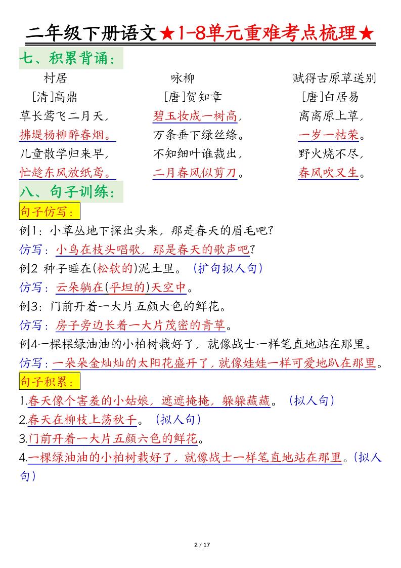 二下语文期末复习1-8单元重难考点梳理总结（17页）好创网-专注优质VIP网课 网络创业落地实操课程资源分享 – 每天更新_高质量项目输出好创网