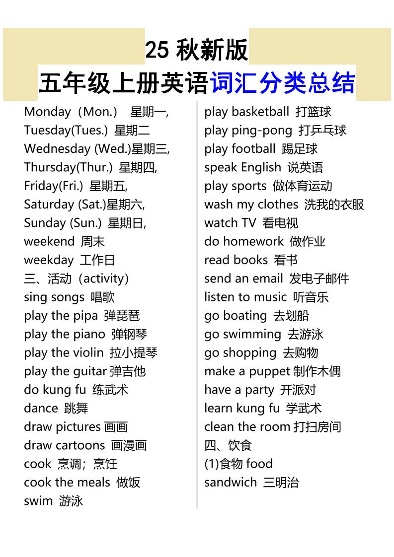 【2025秋新版】五年级上册英语词汇分类总结好创网-专注优质VIP网课 网络创业落地实操课程资源分享 – 每天更新_高质量项目输出好创网