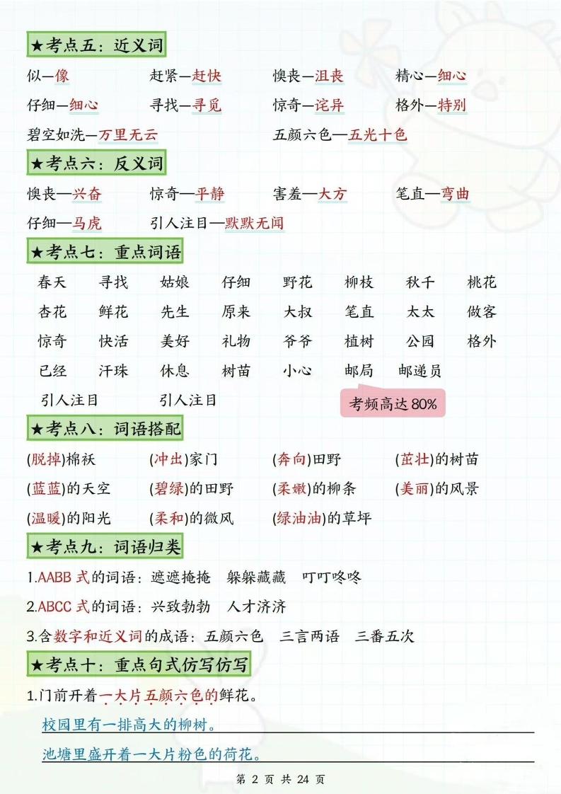 二下语文1-8单元高频考点总结（24页）好创网-专注优质VIP网课 网络创业落地实操课程资源分享 – 每天更新_高质量项目输出好创网