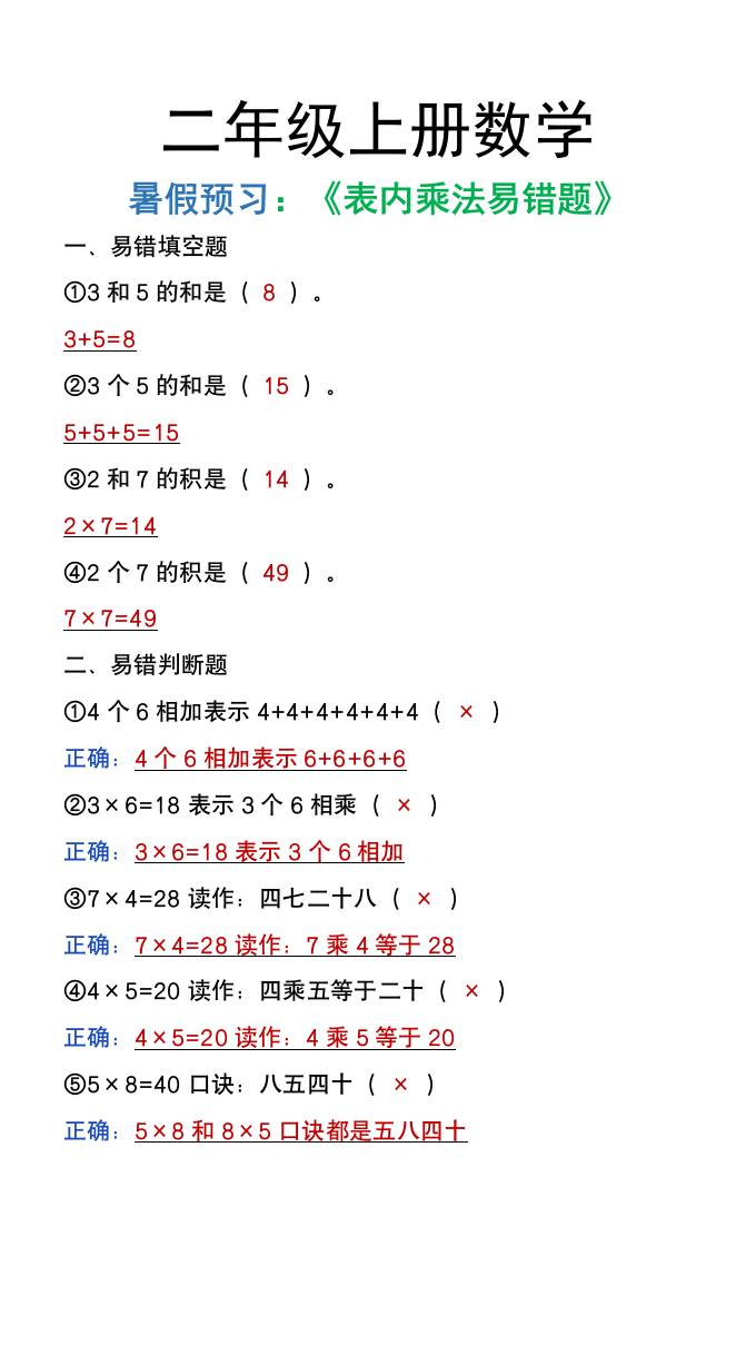 二年级上册数学暑假预习《表内乘法易错题》好创网-专注优质VIP网课 网络创业落地实操课程资源分享 – 每天更新_高质量项目输出好创网