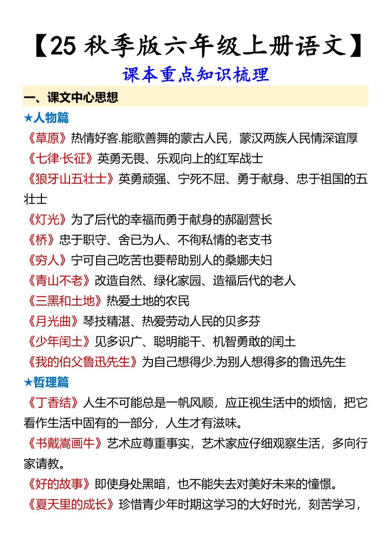 【2025秋新版】【六年级上册语文】课本重点知识梳理好创网-专注优质VIP网课 网络创业落地实操课程资源分享 – 每天更新_高质量项目输出好创网