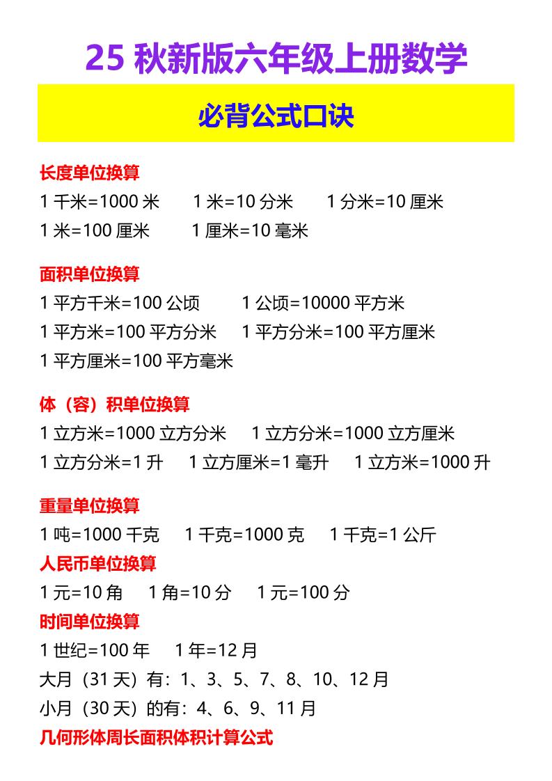 【2025秋新版】六年级上册数学必背公式口诀好创网-专注优质VIP网课 网络创业落地实操课程资源分享 – 每天更新_高质量项目输出好创网