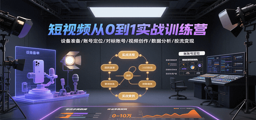 短视频从0到1实战训练营:设备准备/账号定位/对标账号/视频创作/数据分析/投流变现好创网-专注优质VIP网课 网络创业落地实操课程资源分享 – 每天更新_高质量项目输出好创网