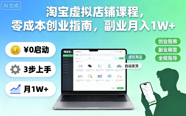 淘宝虚拟店铺课程，零成本创业指南，副业月入1W+好创网-专注优质VIP网课 网络创业落地实操课程资源分享 – 每天更新_高质量项目输出好创网