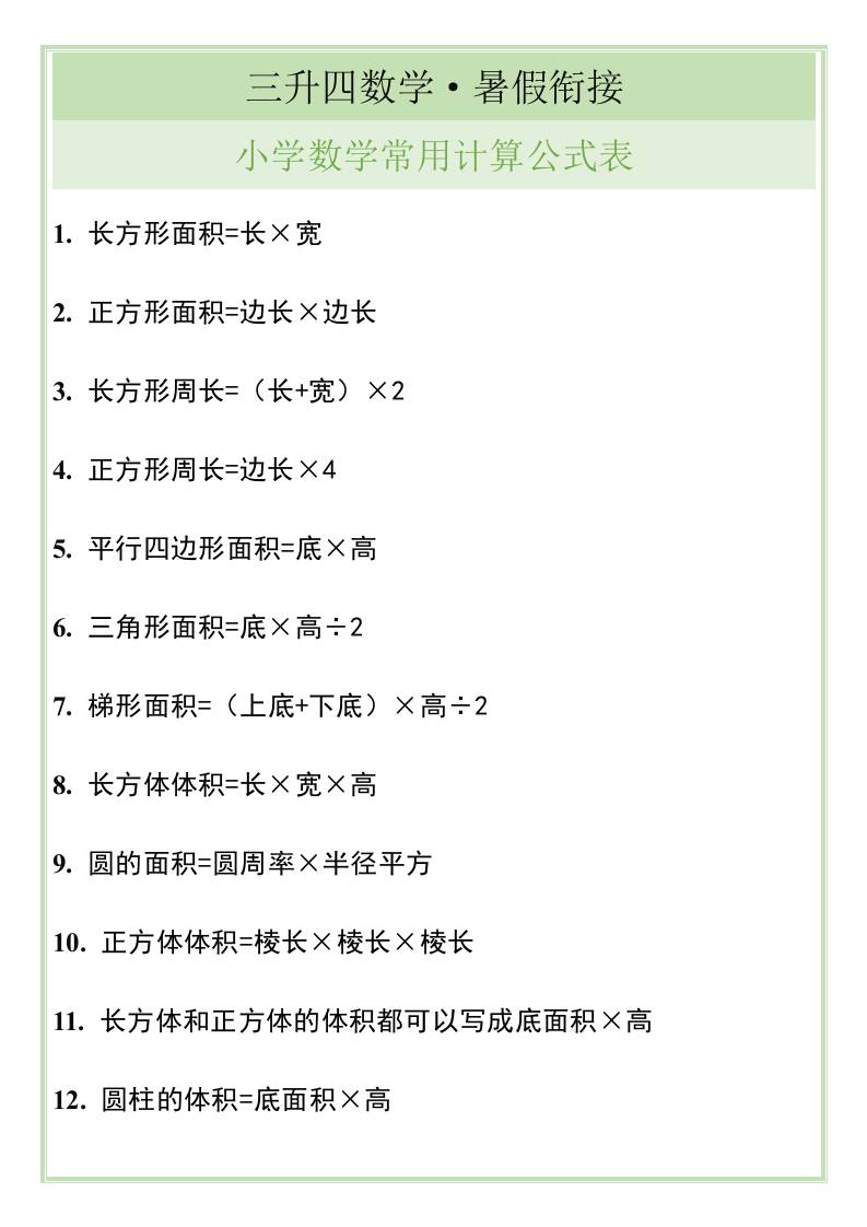 三升四暑假衔接，小学数学常用计算公式表-四上数学好创网-专注优质VIP网课 网络创业落地实操课程资源分享 – 每天更新_高质量项目输出好创网