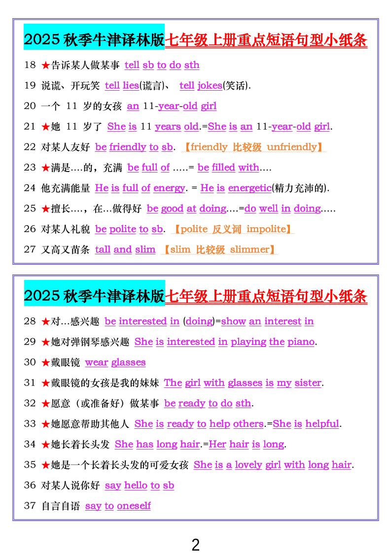 七年级上英语重点短语句型小纸条（牛津译林版）好创网-专注优质VIP网课 网络创业落地实操课程资源分享 – 每天更新_高质量项目输出好创网