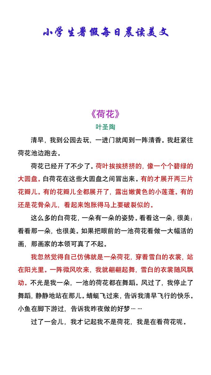 小学生暑假每日晨读美文：叶圣陶《荷花》-小升初语文好创网-专注优质VIP网课 网络创业落地实操课程资源分享 – 每天更新_高质量项目输出好创网