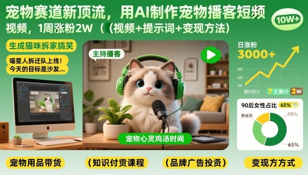 宠物赛道新顶流，用AI制作宠物播客短视频，1周涨粉2W(视频+提示词+变现方法)好创网-专注优质VIP网课 网络创业落地实操课程资源分享 – 每天更新_高质量项目输出好创网