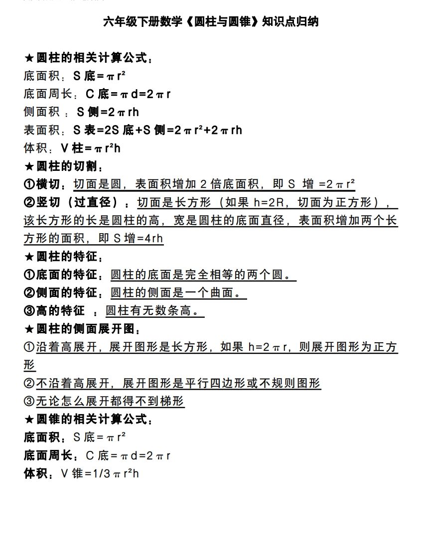 六下数学《圆柱与圆锥》知识点归纳好创网-专注优质VIP网课 网络创业落地实操课程资源分享 – 每天更新_高质量项目输出好创网