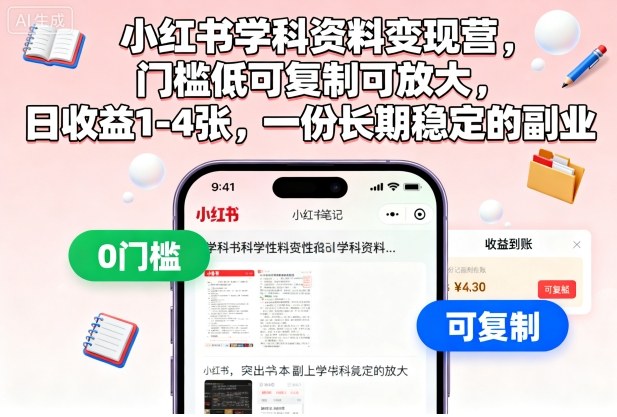 小红书学科资料变现营,门槛低可复制可放大,日收益1-4张,一份长期稳定的副业好创网-专注优质VIP网课 网络创业落地实操课程资源分享 – 每天更新_高质量项目输出好创网