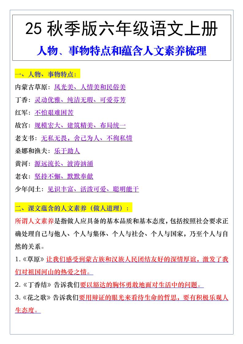 【2025秋新版】六年级语文上册人物、事物特点和蕴含人文素养梳理好创网-专注优质VIP网课 网络创业落地实操课程资源分享 – 每天更新_高质量项目输出好创网