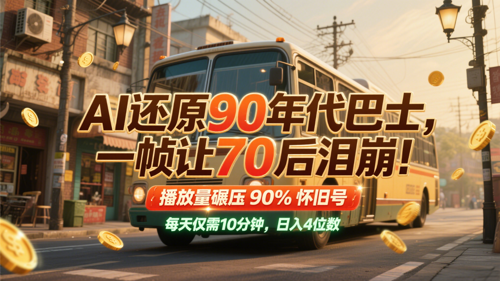 AI还原90年代巴士，一帧让70后泪崩！播放量碾压90%怀旧号，每天10分钟，日入4位数好创网-专注优质VIP网课 网络创业落地实操课程资源分享 – 每天更新_高质量项目输出好创网